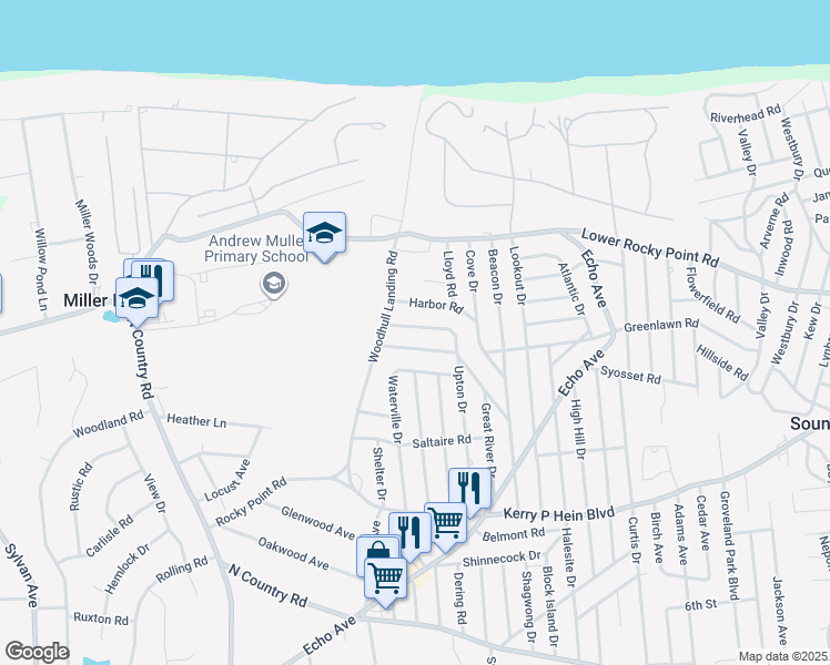 map of restaurants, bars, coffee shops, grocery stores, and more near 98 Upton Drive in Sound Beach