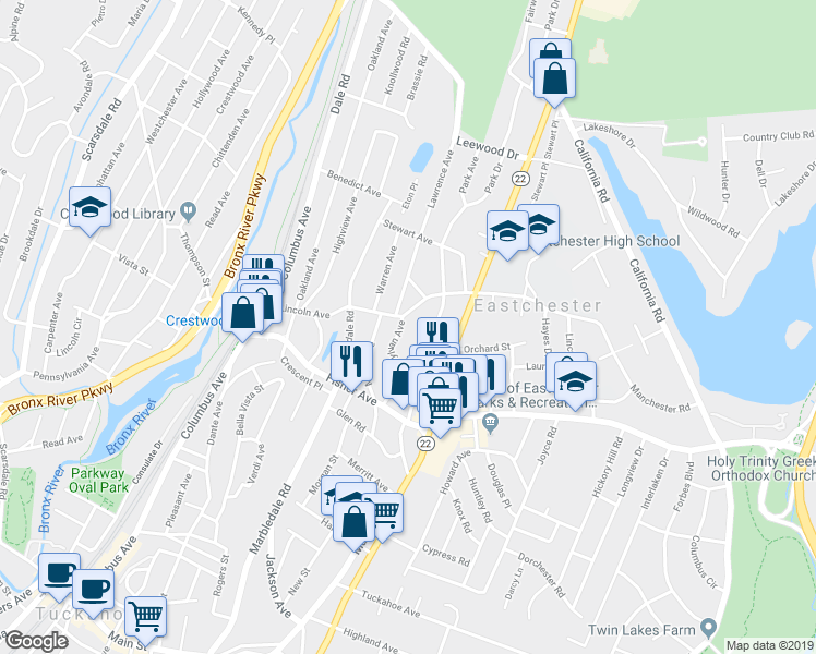 map of restaurants, bars, coffee shops, grocery stores, and more near 52 Sylvan Avenue in Tuckahoe