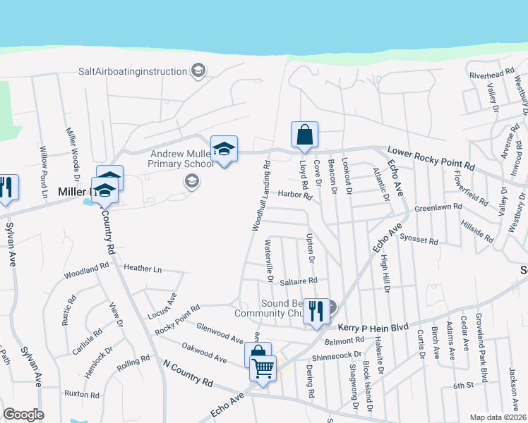 map of restaurants, bars, coffee shops, grocery stores, and more near 73 Woodhull Landing Road in Sound Beach