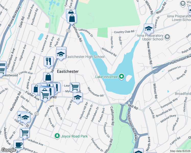 map of restaurants, bars, coffee shops, grocery stores, and more near 269 Channing Place in Eastchester