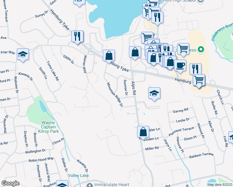 map of restaurants, bars, coffee shops, grocery stores, and more near 40 Mountain Ridge Drive in Wayne