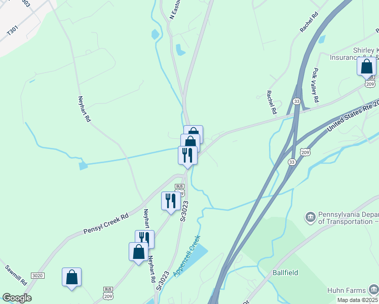 map of restaurants, bars, coffee shops, grocery stores, and more near 107 Rimrock Dr in Stroudsburg