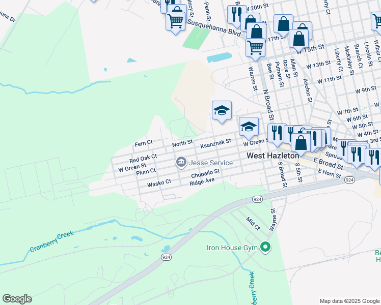 map of restaurants, bars, coffee shops, grocery stores, and more near Ksanznak Street in West Hazleton