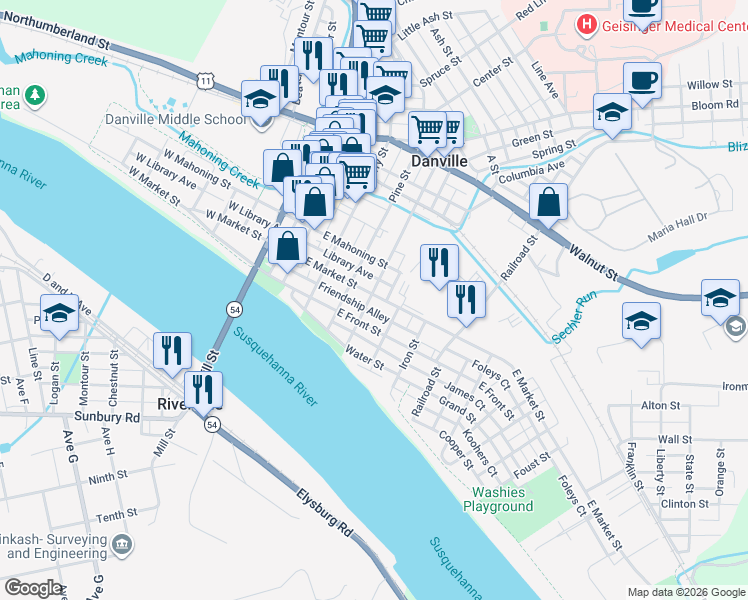 map of restaurants, bars, coffee shops, grocery stores, and more near 312 East Market Street in Danville