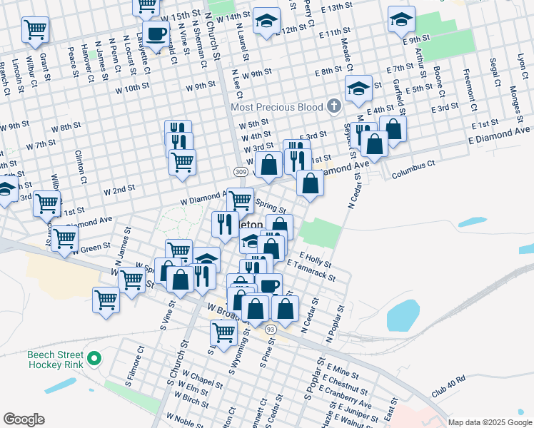 map of restaurants, bars, coffee shops, grocery stores, and more near 179 North Laurel Street in Hazleton