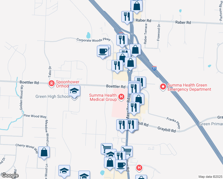 map of restaurants, bars, coffee shops, grocery stores, and more near 1650 Boettler Road in Uniontown