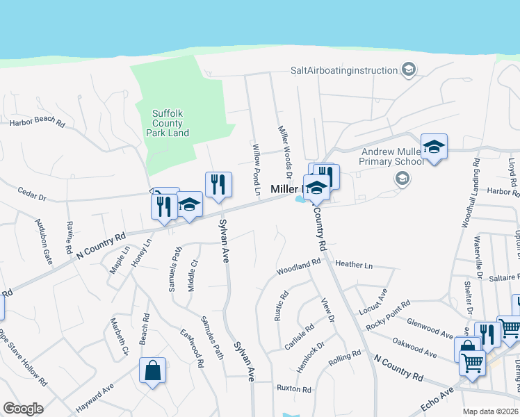 map of restaurants, bars, coffee shops, grocery stores, and more near 168 North Country Road in Miller Place