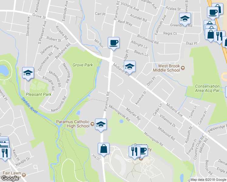 map of restaurants, bars, coffee shops, grocery stores, and more near 283 Midwood Road in Paramus