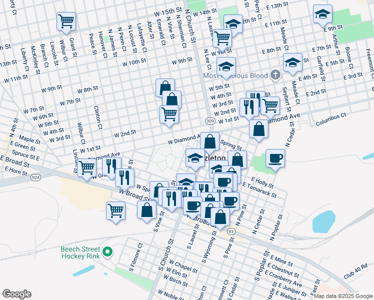 map of restaurants, bars, coffee shops, grocery stores, and more near 149 North Vine Street in Hazleton