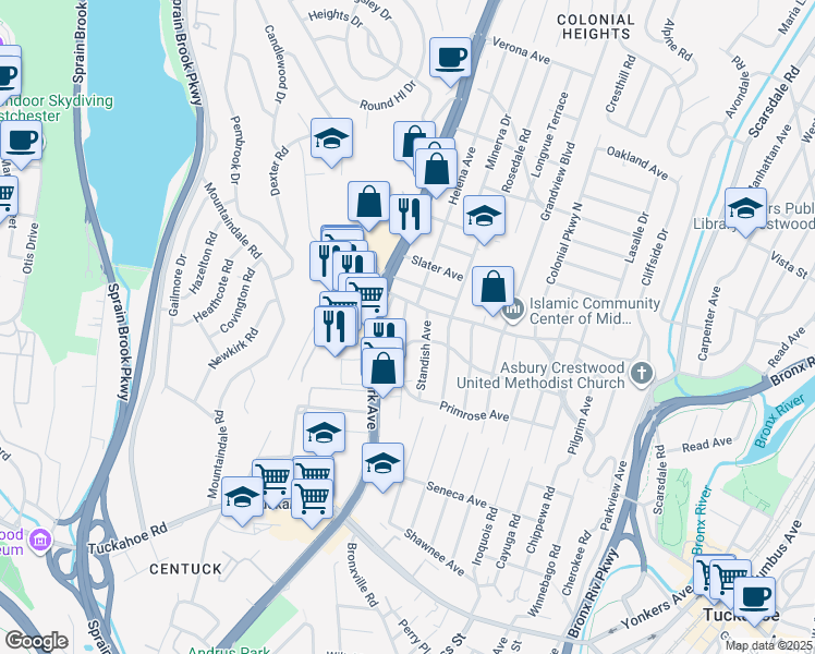 map of restaurants, bars, coffee shops, grocery stores, and more near 70 Winthrop Avenue in Yonkers