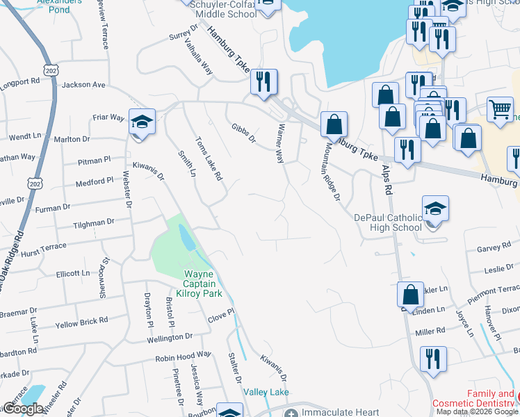 map of restaurants, bars, coffee shops, grocery stores, and more near 38 Peterson Road in Wayne