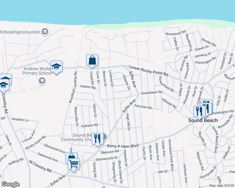 map of restaurants, bars, coffee shops, grocery stores, and more near 21 Lawrence Drive in Sound Beach