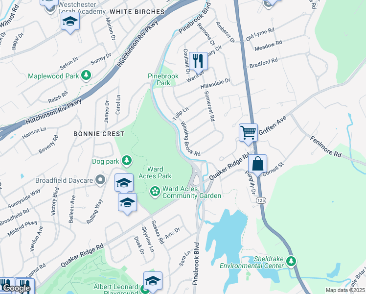 map of restaurants, bars, coffee shops, grocery stores, and more near 115 Winding Brook Road in New Rochelle