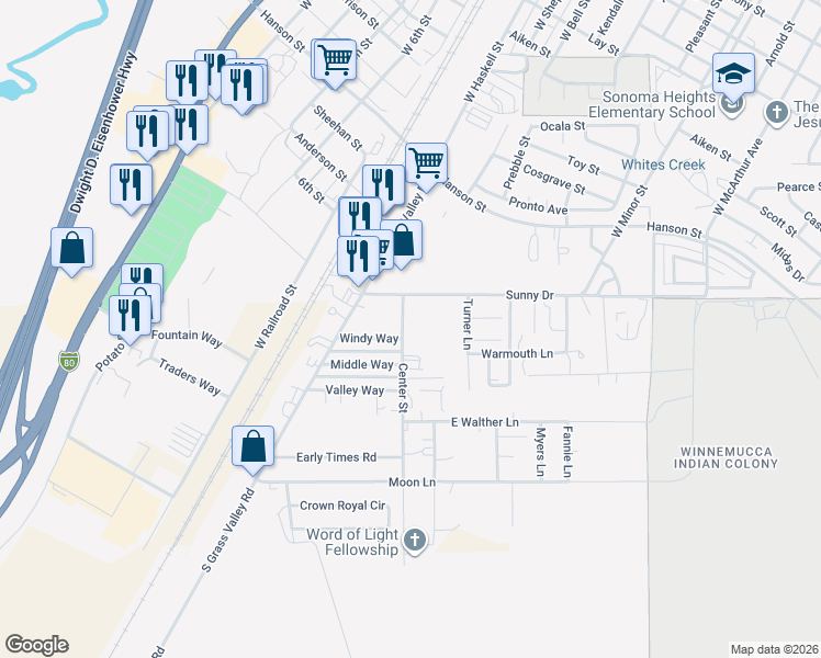 map of restaurants, bars, coffee shops, grocery stores, and more near 4075 Center Street in Winnemucca