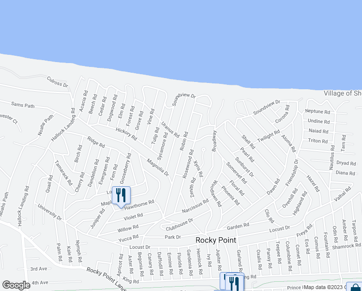 map of restaurants, bars, coffee shops, grocery stores, and more near 44 Robin Road in Rocky Point