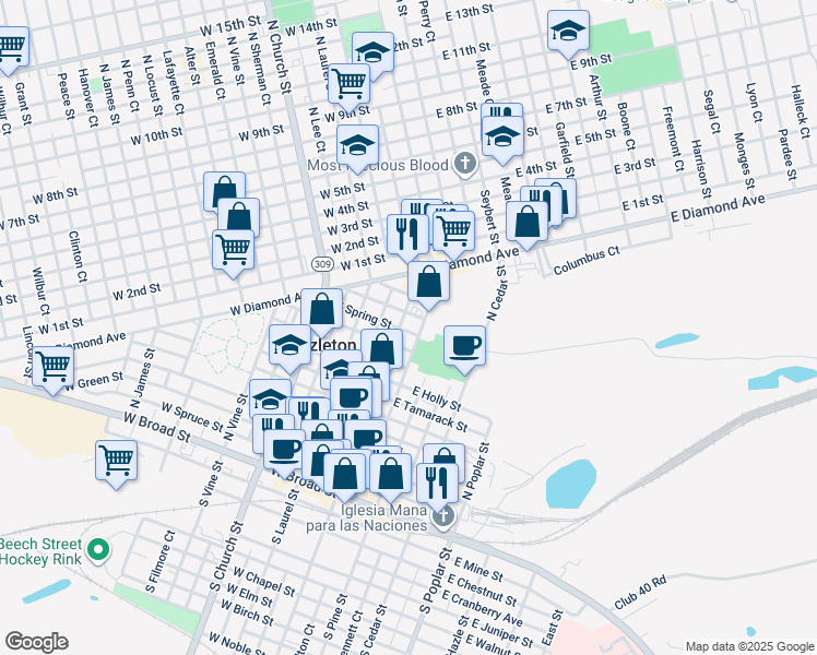 map of restaurants, bars, coffee shops, grocery stores, and more near 209 North Wyoming Street in Hazleton