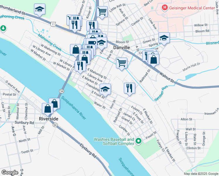 map of restaurants, bars, coffee shops, grocery stores, and more near 359 East Market Street in Danville