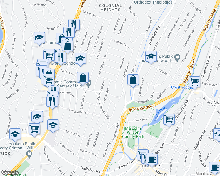 map of restaurants, bars, coffee shops, grocery stores, and more near 114 Puritan Avenue in Yonkers