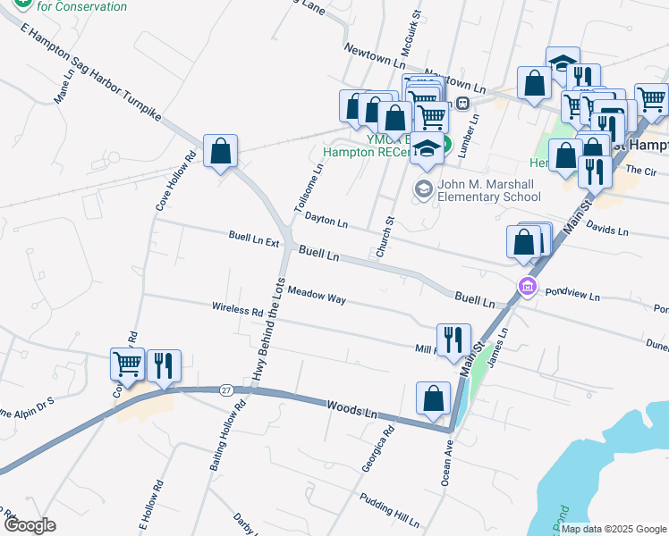 map of restaurants, bars, coffee shops, grocery stores, and more near 93 Buell Lane in East Hampton