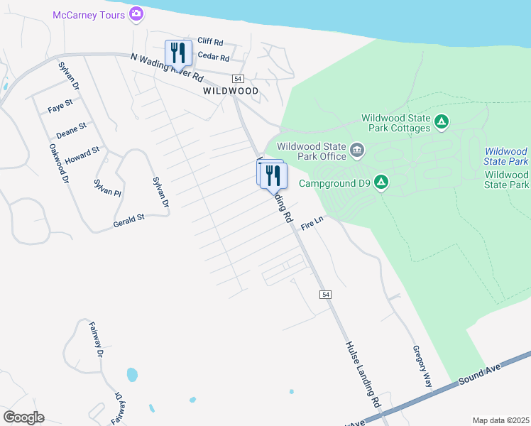 map of restaurants, bars, coffee shops, grocery stores, and more near 102 18th Street in Wading River