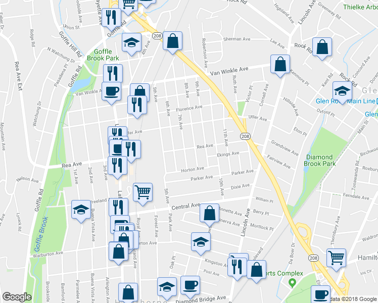 map of restaurants, bars, coffee shops, grocery stores, and more near 348 Rea Avenue in Hawthorne