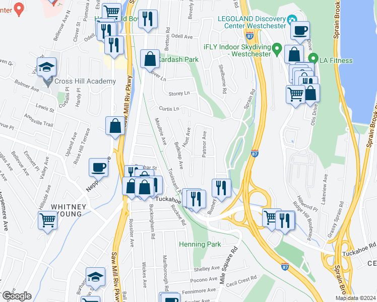 map of restaurants, bars, coffee shops, grocery stores, and more near 29 Chelsea Place in Yonkers