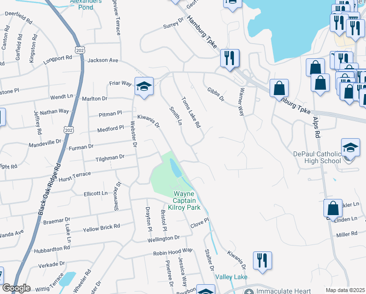 map of restaurants, bars, coffee shops, grocery stores, and more near 156 Kiwanis Drive in Wayne