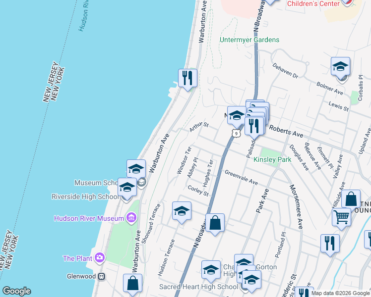 map of restaurants, bars, coffee shops, grocery stores, and more near 75 Windsor Terrace in Yonkers