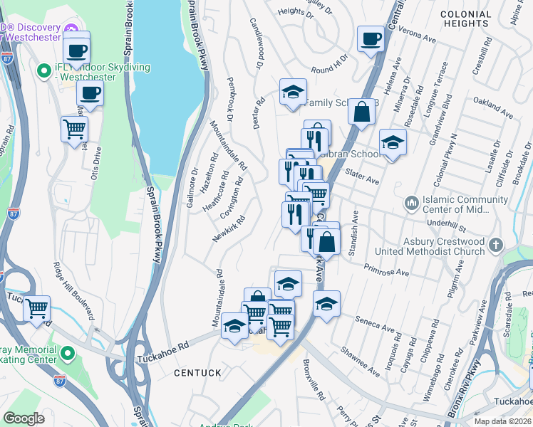 map of restaurants, bars, coffee shops, grocery stores, and more near 168 Mountaindale Road in Yonkers