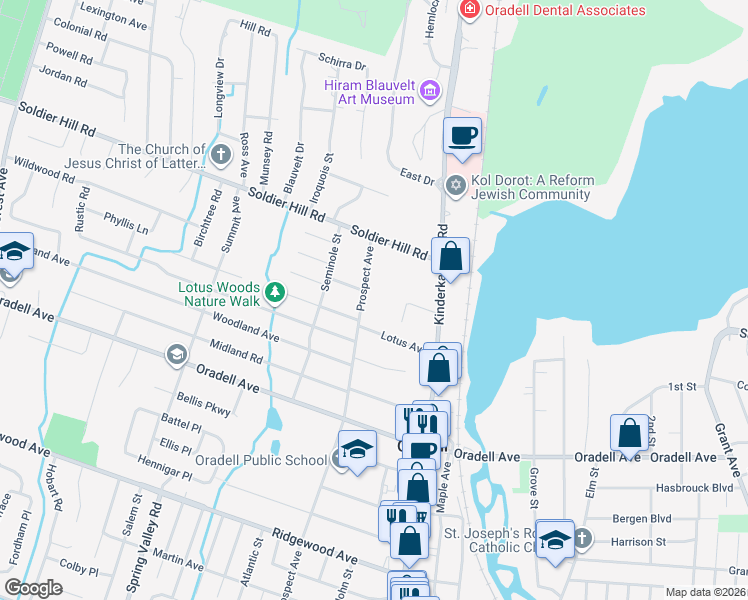 map of restaurants, bars, coffee shops, grocery stores, and more near 506 Prospect Avenue in Oradell