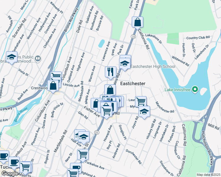 map of restaurants, bars, coffee shops, grocery stores, and more near 80 Park Avenue in Eastchester