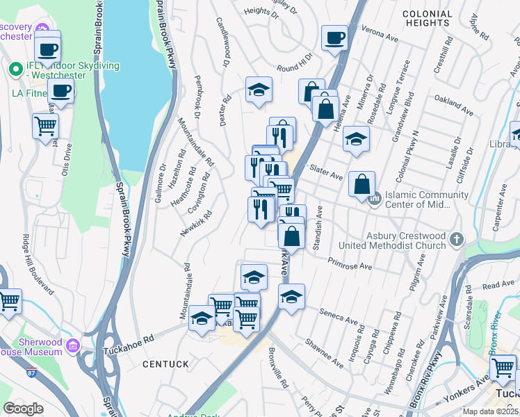 map of restaurants, bars, coffee shops, grocery stores, and more near 1 Balint Drive in Yonkers