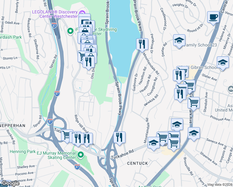 map of restaurants, bars, coffee shops, grocery stores, and more near 96 Grassy Sprain Road in Yonkers