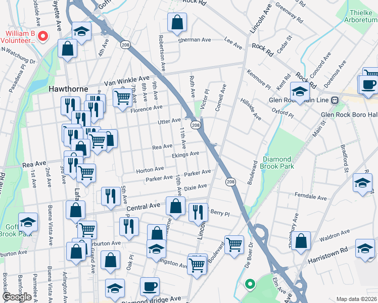 map of restaurants, bars, coffee shops, grocery stores, and more near 68 11th Avenue in Hawthorne