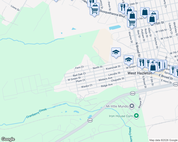 map of restaurants, bars, coffee shops, grocery stores, and more near 600 North Street in Luzerne County