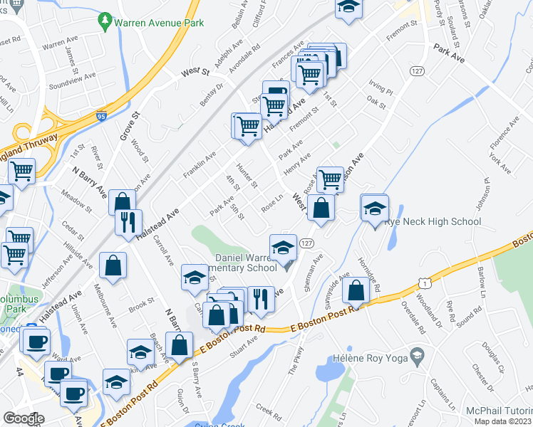 map of restaurants, bars, coffee shops, grocery stores, and more near 1409 Rose Lane in Mamaroneck