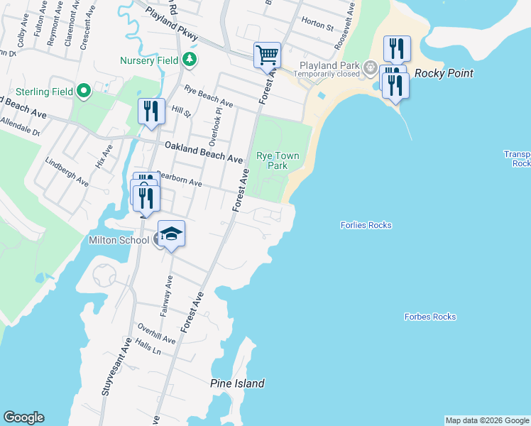 map of restaurants, bars, coffee shops, grocery stores, and more near 70 Waters Edge in Rye
