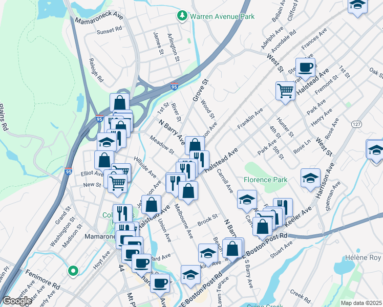 map of restaurants, bars, coffee shops, grocery stores, and more near 579 North Barry Avenue in Mamaroneck