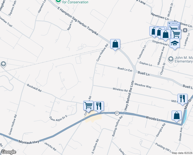 map of restaurants, bars, coffee shops, grocery stores, and more near 70 Cove Hollow Road in East Hampton