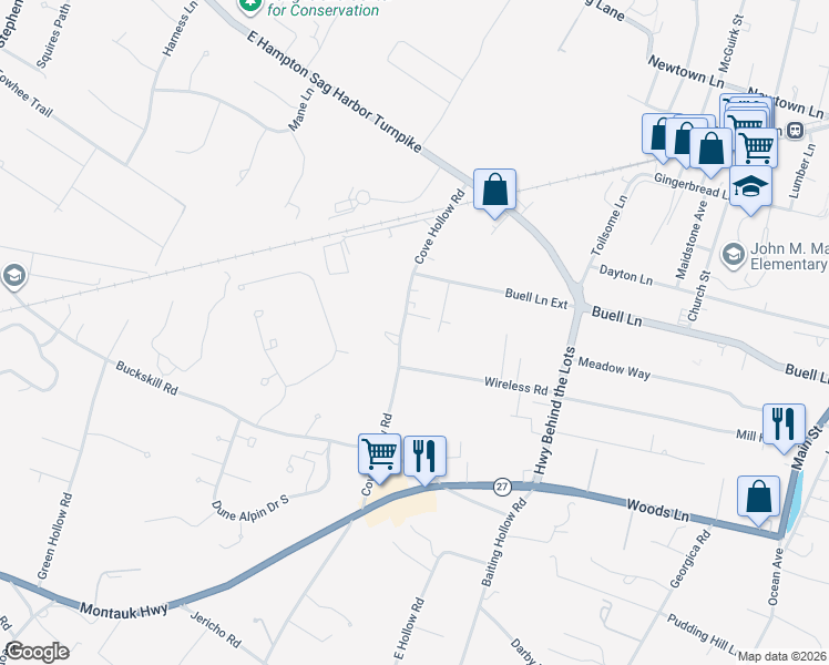 map of restaurants, bars, coffee shops, grocery stores, and more near 70 Cove Hollow Road in East Hampton
