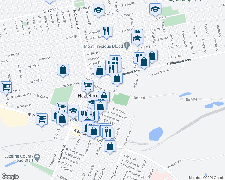 map of restaurants, bars, coffee shops, grocery stores, and more near 209 North Wyoming Street in Hazleton
