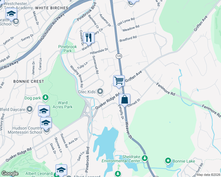 map of restaurants, bars, coffee shops, grocery stores, and more near 16 Brookridge Road in New Rochelle