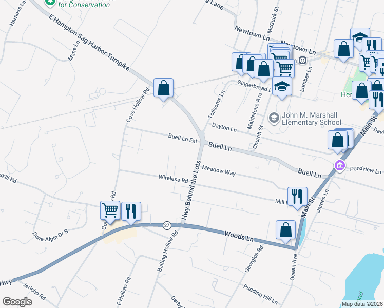 map of restaurants, bars, coffee shops, grocery stores, and more near 53 Toilsome Lane in East Hampton