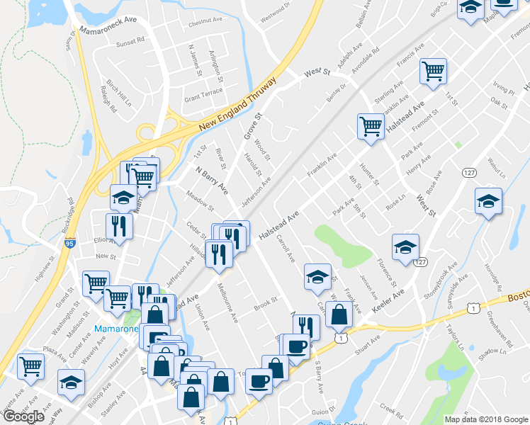 map of restaurants, bars, coffee shops, grocery stores, and more near 523 Carroll Avenue in Mamaroneck