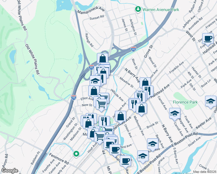 map of restaurants, bars, coffee shops, grocery stores, and more near 907 Lester Avenue in Mamaroneck