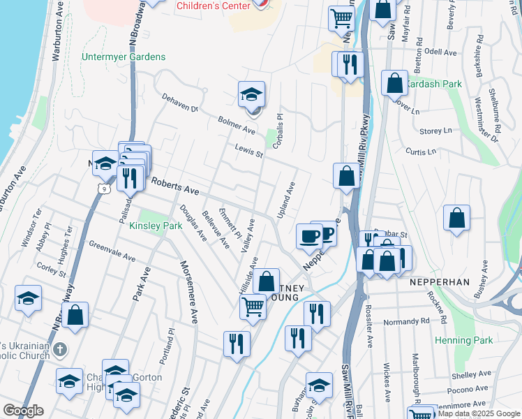 map of restaurants, bars, coffee shops, grocery stores, and more near 331 Roberts Avenue in Yonkers