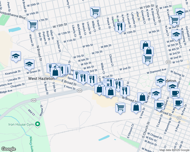 map of restaurants, bars, coffee shops, grocery stores, and more near 536-538 Lincoln Street in Hazleton