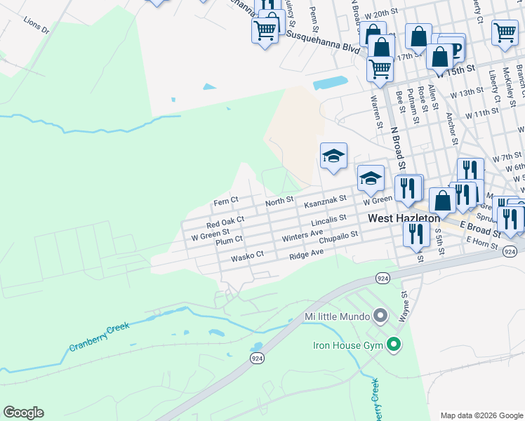map of restaurants, bars, coffee shops, grocery stores, and more near 600 North Street in Luzerne County