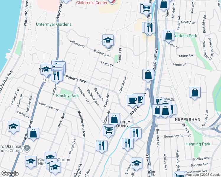 map of restaurants, bars, coffee shops, grocery stores, and more near 331 Roberts Avenue in Yonkers