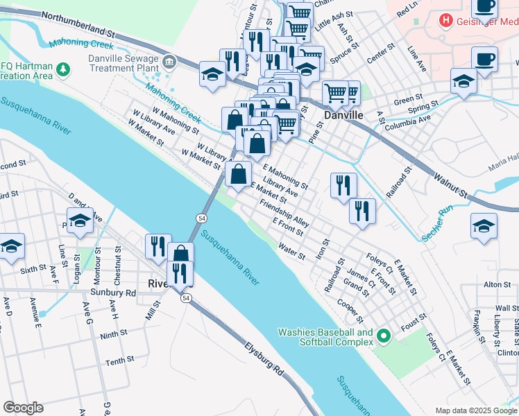map of restaurants, bars, coffee shops, grocery stores, and more near 216 Ferry Street in Danville